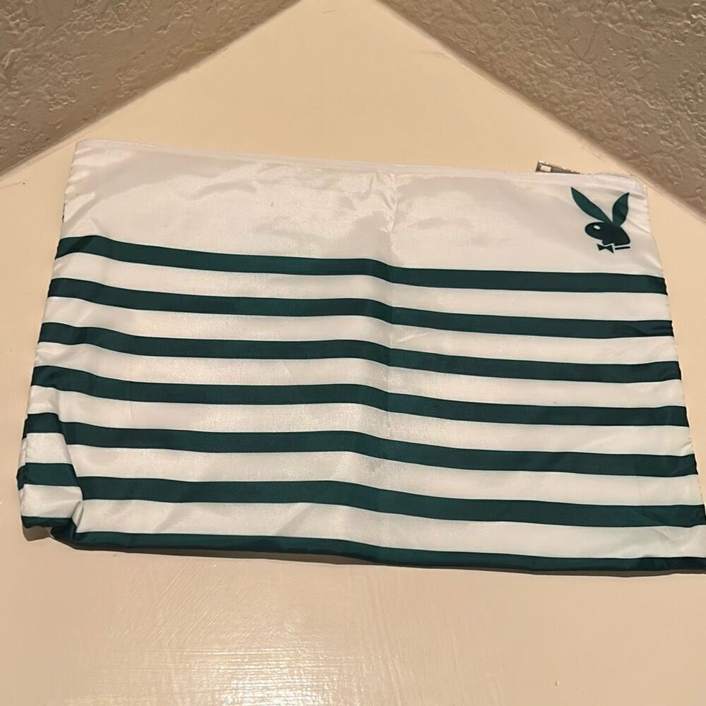 Playboy Zip Top Waterproof Beach Pouch White Green Stripe Toiletry Cosmetic Bag